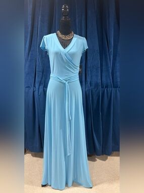 New York & Company Sky Blue Wrap Maxi Dress with Tie Waist